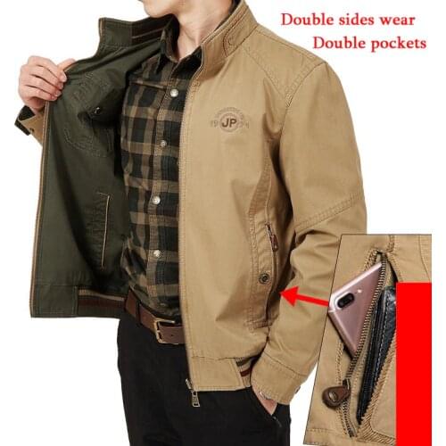 Plus Size 7XL 8XL Autumn Jacket Mens Double Sides Wear Military Jackets Coats Pure Cotton Veste Homme Solid Leisure Coat Male