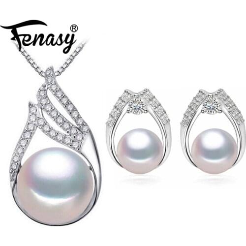 FENASY Pearl Jewelry wedding engagement jewelry sets,Natural Pearl pendant Necklace women/Silver earrings,pearl earrings female