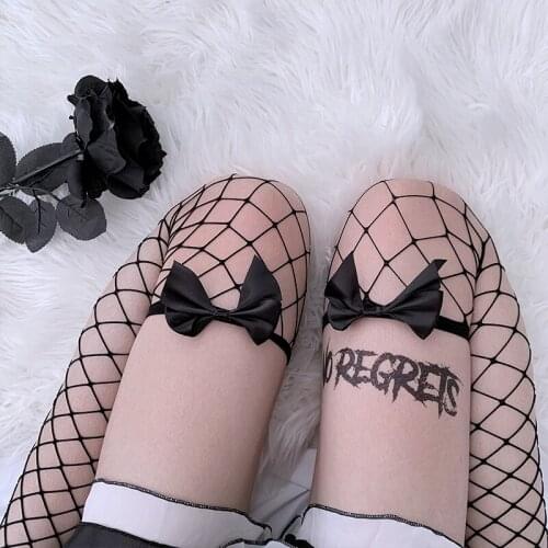 Socks Female Black Hollow Out Fishnet Stockings Over Knee Fishing Net Socks Bow Sexy Tights Womens Stockings Pantyhose