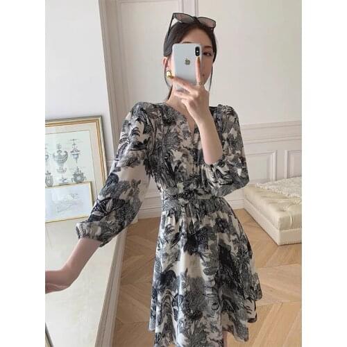 LLZACOOSH 2021 New Autumn Sweet Elegant Print Long Sleeve V-Neck Lace Up Women Korea Female Casual A Line Mini Dresses