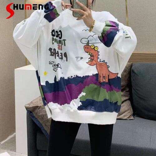 Fall 2021 Trendy Graffiti Little Dinosaur Printed Pullover Long Sleeve Loose Casual Thin Top Sweatshirt For Women