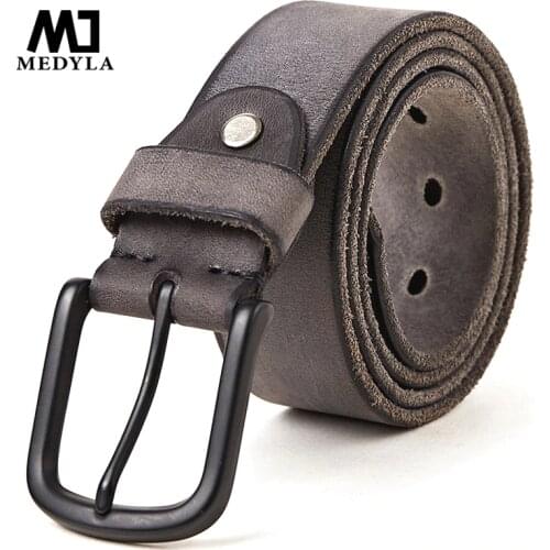 MEDYLA 100% original leather mens belt matte metal pin buckle soft tough leather belt for men without interlayer male belt