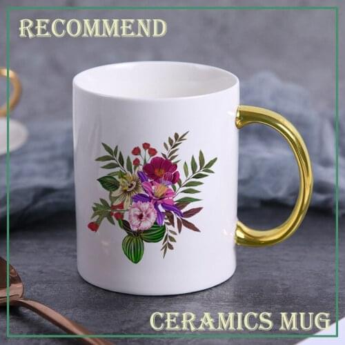 Luxury Rhododendron Pattern Cup golden Handgrip Mug Gift Box Coffee Mug Couple Ceramic Wedding Bridal Lovers Gifts KTZW-044