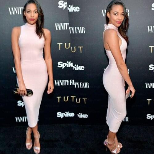 Pink sleeveless turtleneck 2020 new arrivals rayon midi hl bodycon bandage dress