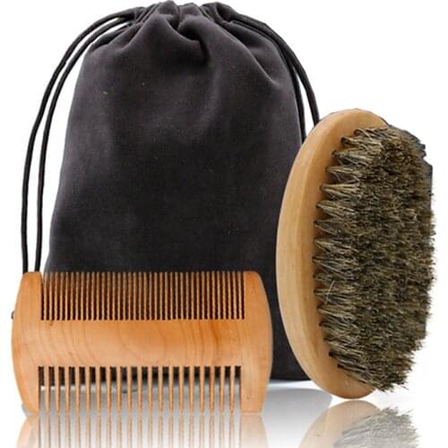 High Quality Soft Boar Bristle Wood Beard Brush Hairdresser Shaving Tool Men Mustache Comb Kit With Gift Bag Beard Hair Comb Set