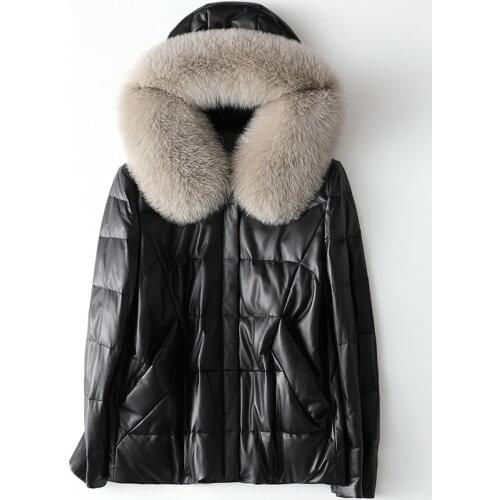 Black Genuine Leather Womens Sheepskin Coat Hooded with Real Fur Short Warm Duck Dowm Jacket for Winter Female Outerwear New
