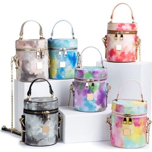 Ladies Fashion Leather Tie-dye Portable Bucket Shoulder Bag Metal Chain Removable Mobile Phone Change Messenger Bag for Women