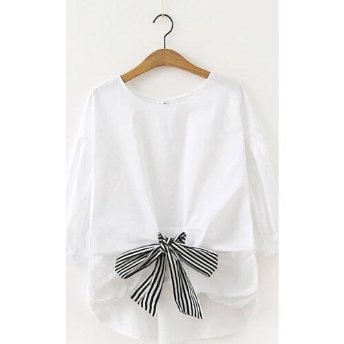 2019 new summer women loose drawstring three quarter sleeve T-shirt Literary preppy style cotton O-Neck T-shirts tops