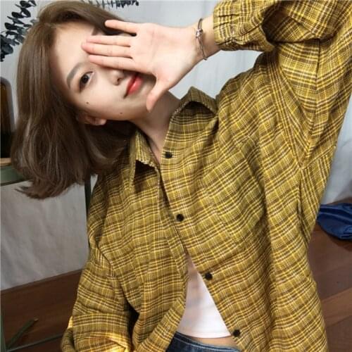 2020 New Woman Vent Vintage Plaid Shirt Single Breasted Turn down Collar Cotton Long Sleeve Button Feminina Sales