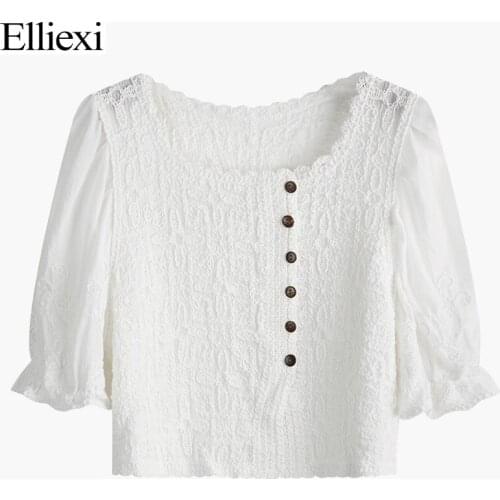 Elliexi Women Lace Tops Puff Short Sleeve French Fashion White Woman Shirt Button Hollow Out Square Neck Tops Clothes New
