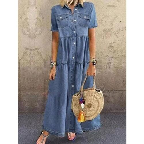Womens Dress Summer Fashion V Neck Denim Long Dresses Casual Loose Multi-button Denim Skirt Multi-Pocket Denim Skirt Vestidos