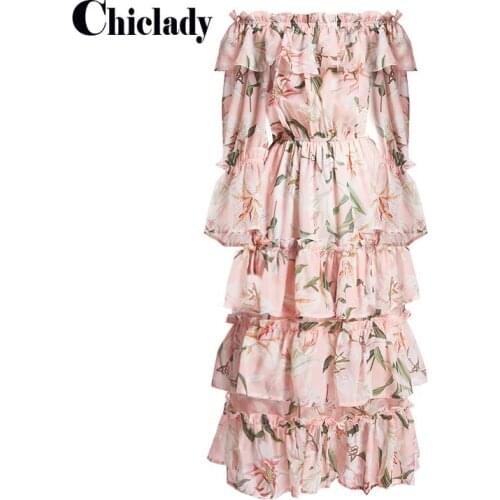 CHICLADY women midi dress pink lily flower printed cascading layered slash neck boho floral robe de mujer casual ruffles chic