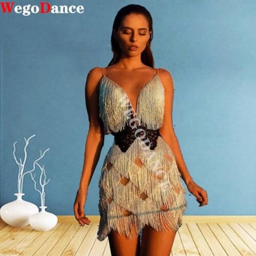 New Tassel Crystal Dress Women Diamond Fringe Deep V-neck Underwired Sexy Latin Dresses Woman Party Night Club Bodyocn