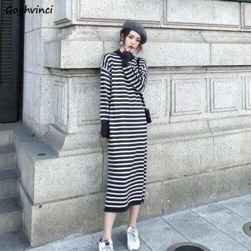 Long Sleeve Dresses Women Stand Collar Striped Patchwork Straight Side-slit Leisure Korean Elegant Womens Fashion Chic All-match