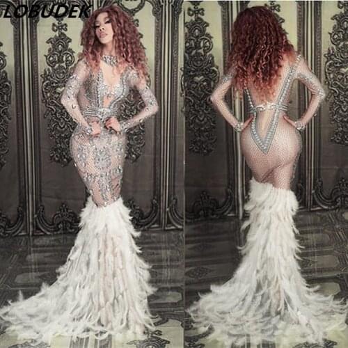 Female Party Rhinestones White Feathers Dress Birthday Celebration Models Catwalk One Piece Stage Costume Crystals Long Dress