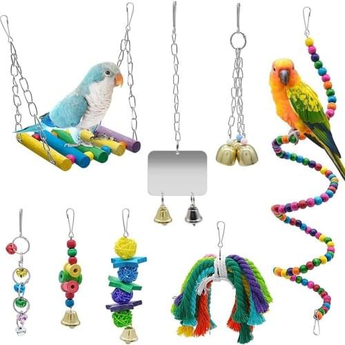8 Pieces of Bird Parrot Toy, Parrot Swing Wall Clock and Bell Toy, Ladder Toy Set