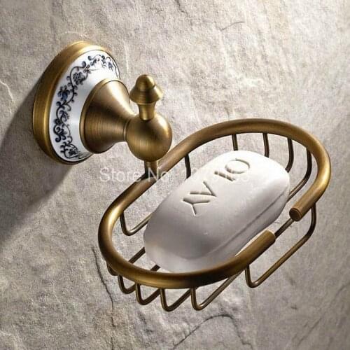 Bathroom Accessory Ceramic Flower pattern Vintage retro Antique Brass Wall Mounted Bathroom Soap Basket Dish Holder aba409