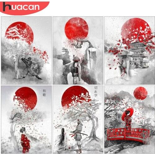 HUACAN Diamond Painting Japanese Samurai Cross Stitch Diamond Mosaic Cherry Blossoms Wall Decor Home Art