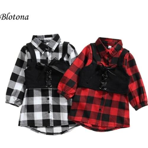 Blotona Hot Sale Kids Girls Spring Autumn Casual Clothes Set, Plaid Pattern Balloon Sleeve Shirt Dress and Tie-up Vest, 1-6Years