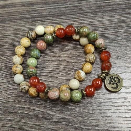 Charm Stone Wrist Mala Healing Crystal J-asper Lotus OM Bracelet For Men Women Medetation Yoga Bead Carnelian Bracelet 2pc/Sets