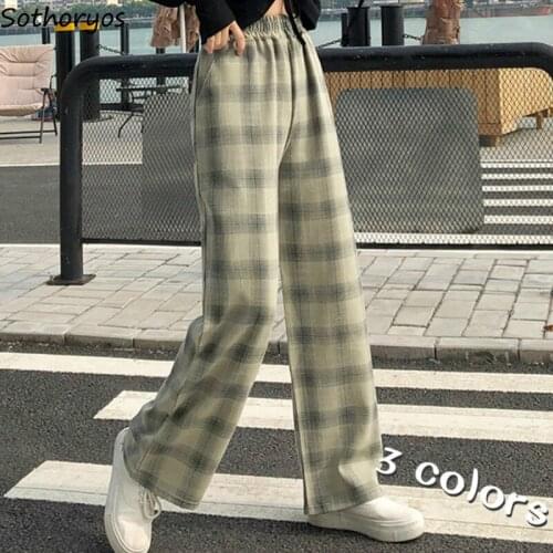 Women Pants Plaid Wide Leg Trousers Korean Style Student Leisure Loose High Elastic Waist All-match Harajuku Daily Streetwear