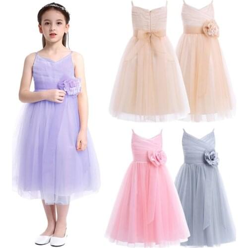 Children Girls Tulle Mesh Spaghetti Straps Princess Dress Kid Flower Girl Dresses for Pageant Wedding Party Holy Communion Dress