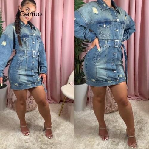 Denim Dress Mid-Length Denim Jacket Dress Autumn Hole Single Breasted Lace Up Jean Dress High Quality 2020 New Fashion