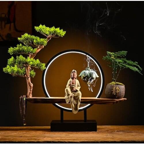 Ceramics Backflow Incense Burner Buddha Waterfall Incense Burner Holder Censer Aroma Burner Avalokitesvara Buddhist Decoration