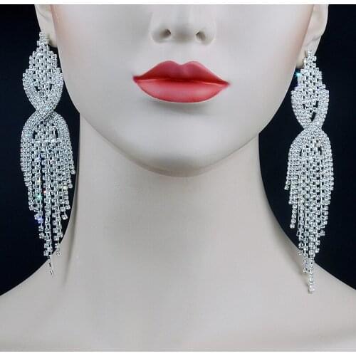 CHRAN Classic Silver Plated Rhinestone Chandelier Dangle Long Tassel Drop Earrings for Women Exaggerated Bridal Jewelry Accessor
