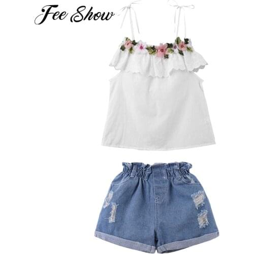 Summer Toddler Kids Denim Outfits Baby Girls Clothes Set Sleeveless Lace Flower Vest Tops Ripped Jeans Short Pants 1-6Y