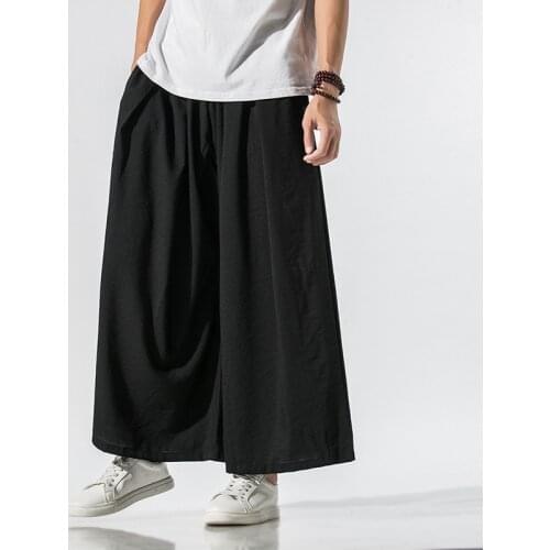 Summer 2021 Plus Size Chinese Style Linen Loose Casual Pants Harem Pants Japanese Cropped Wide-Leg Pants Mens Pants