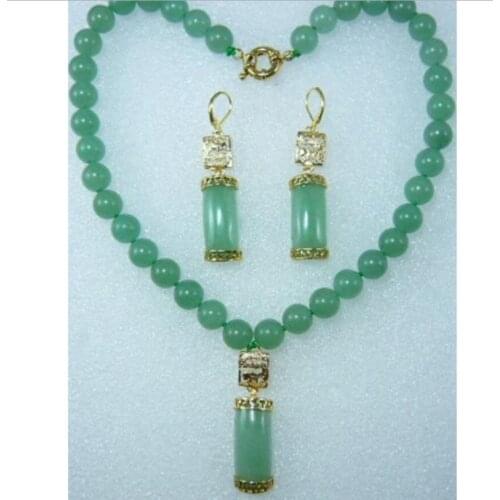 Hot sell new - wholesale nice 8mm 17" green jade necklace & earrings set
