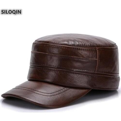 SILOQIN Trend Genuine Leather Hat Autumn Winter Fashion Cowhide Warm Military Hats Snapback Elegant Leisure Flat Cap For Mens
