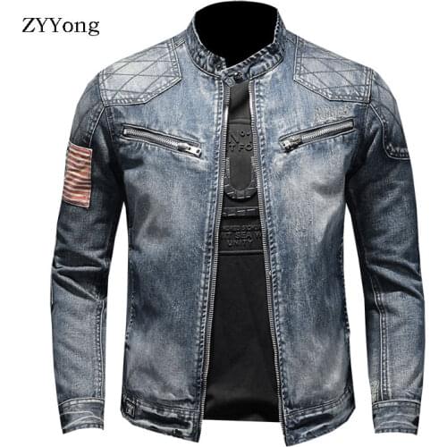 ZYYong European and American Mens plus Velvet Thick Denim Cotton Jacket Mens Jacket Casual Stand Collar Motorcycle Denim Jacke