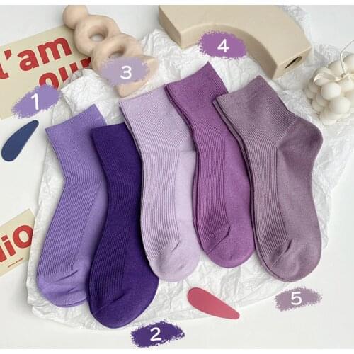 5Pairs/Pack Solid High Quality Cotton Socks Women Spring Summer Soft Breathable Japanese Korean Harajuku Cute Taro Purple Socks