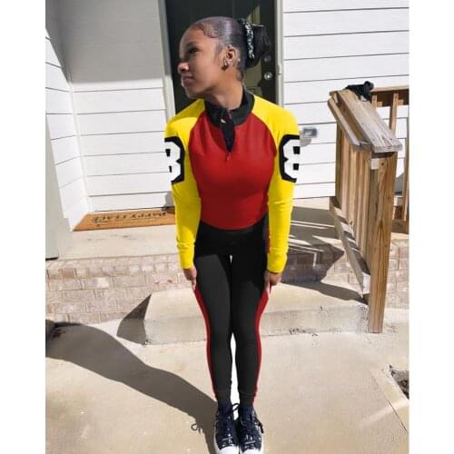 Fall Winter Sweatsuit 2pcs Outfit Contrast Color Printed Woman Zipper Neck Long Sleeve Top+Skinny Fit Yoga Legging Tight Trouser