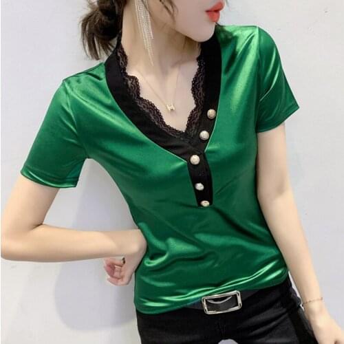 Summer Casual T-shirt Lace stitching buttons Short sleeve V-neck Top 2021 Women T Shirt Plus Size