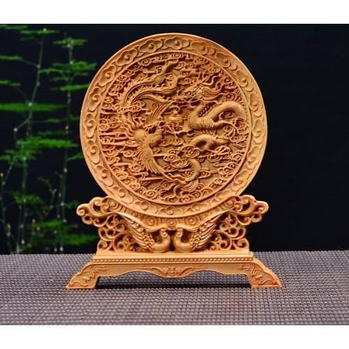 Wood carving dragon phoenix, dragon and phoenix Chengxiang, wood crafts gift Home desktop decoration office ornaments (A1022)