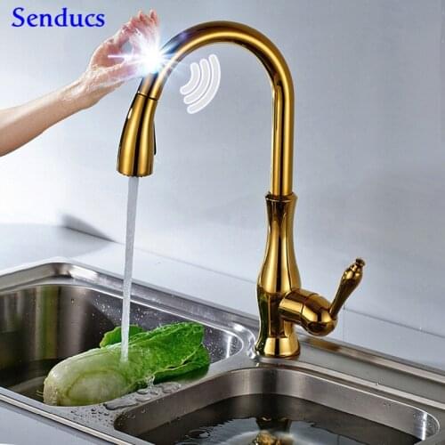 Touch Kitchen Faucets Senducs Gold Touch Kitchen Faucet Pull Out Kitchen Mixer Tap Quality Brass Gold Sensor Kitchen Faucets