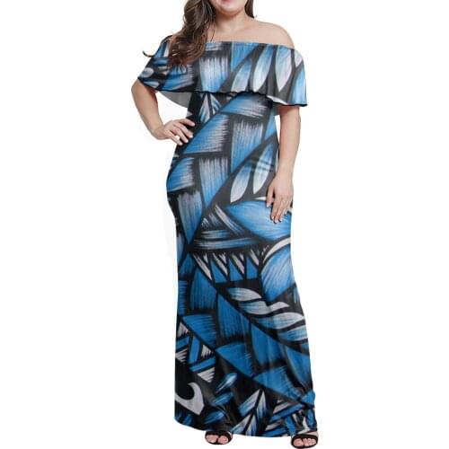 HYCOOL 2021 Sexy Off Shoulder Polynesian Tribal Long Sleeve Floor Length Evening Party Maxi Hawaiian Flower Dress Vestidos