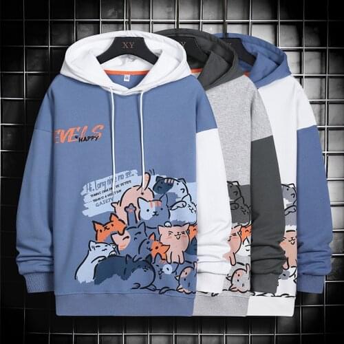 2021 Spring Autumn Mens Hoodies Cartoon Cat Print Harajuku Style Men Cute Hoodie Casual Round Neck Long Sleeve Loose Sweatshirt