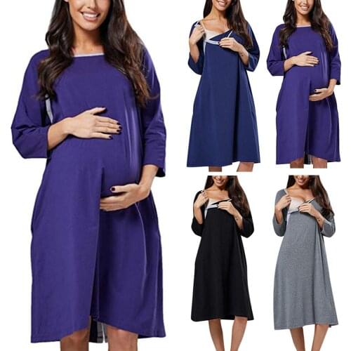 Vetement Femme Women Maternity Pregnant Dresses Nursing Baby Nightgown Solid Color Breastfeeding Sleepwear Dress Ropa De Muje