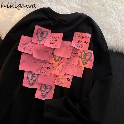 Hikigawa Autumn Loose Sweatshirt Women Lazy Style Long-sleeve Couple Outfit Blouse Korean O Neck Love Heart Print Thin Sweater