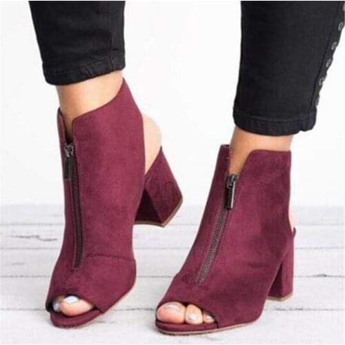 Women sandals Flock Slip On ZIP 4CM Thick heel High heels Peep Toe Shallow women shoes sandalias mujer 2020 size 35-42 black