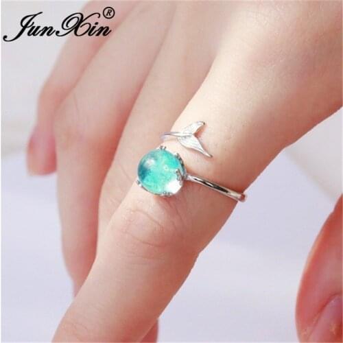 JUNXIN Cute Mermaid Tail Ring Aqua Blue Crystal Open Rings For Women Silver Color Girls Round Stone Wedding Rings Jewelry