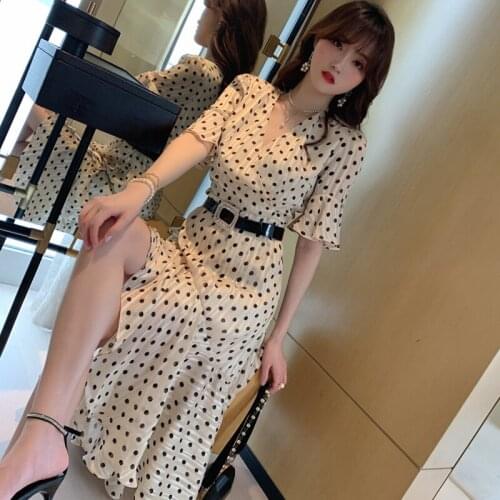 2021 Summer New Womens French Retro V-neck Polka-dot Chiffon Irregular Fishtail Dress Woman Dress