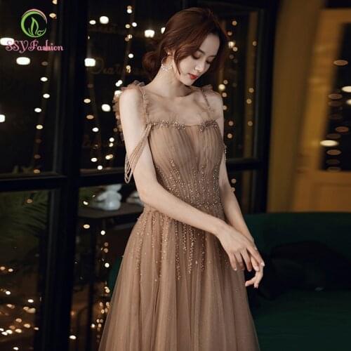 SSYFashion Elegant Khaki Evening Dress Luxury Crystal Tassel A-line Floor-length Party Formal Gown for Women Vestidos De Fiesta