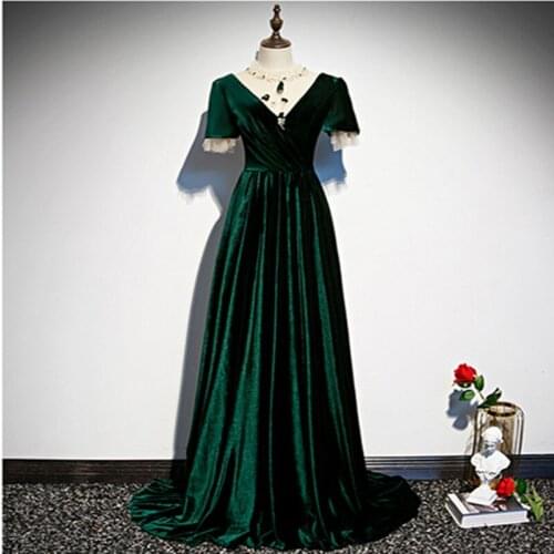 Robe Longue Evening Dresses Long Dress Elegant O-neck Dark Green Velvet With Beading Evening Dress 2020 Vestidos Robe De Soiree