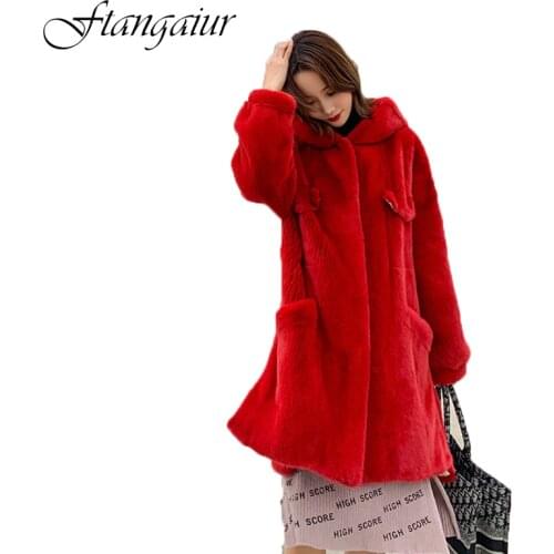 Ftangaiur 2019 Winter Import Velvet Mink Coat With Fur Hood Pure Red Loss Natural Fur Coat Womens Medium Real Mink Fur Coats