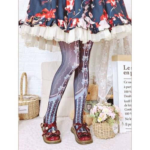 120D Women Autumn Lolita Star Moon Curtain Printed Pantynose Velvet Over Knee Stocking Japanese Cosplay Thick Soft Girls Warm
